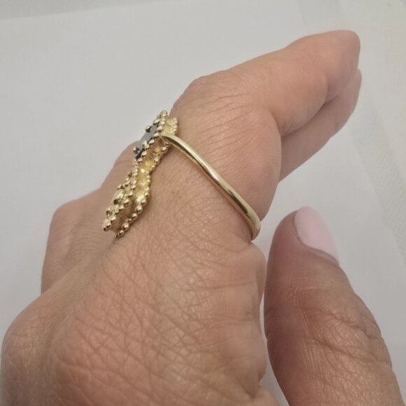 14k Solid Yellow Gold Clover/Flower Onyx Bypass Ring Size 8.5 - Picture 12 of 13